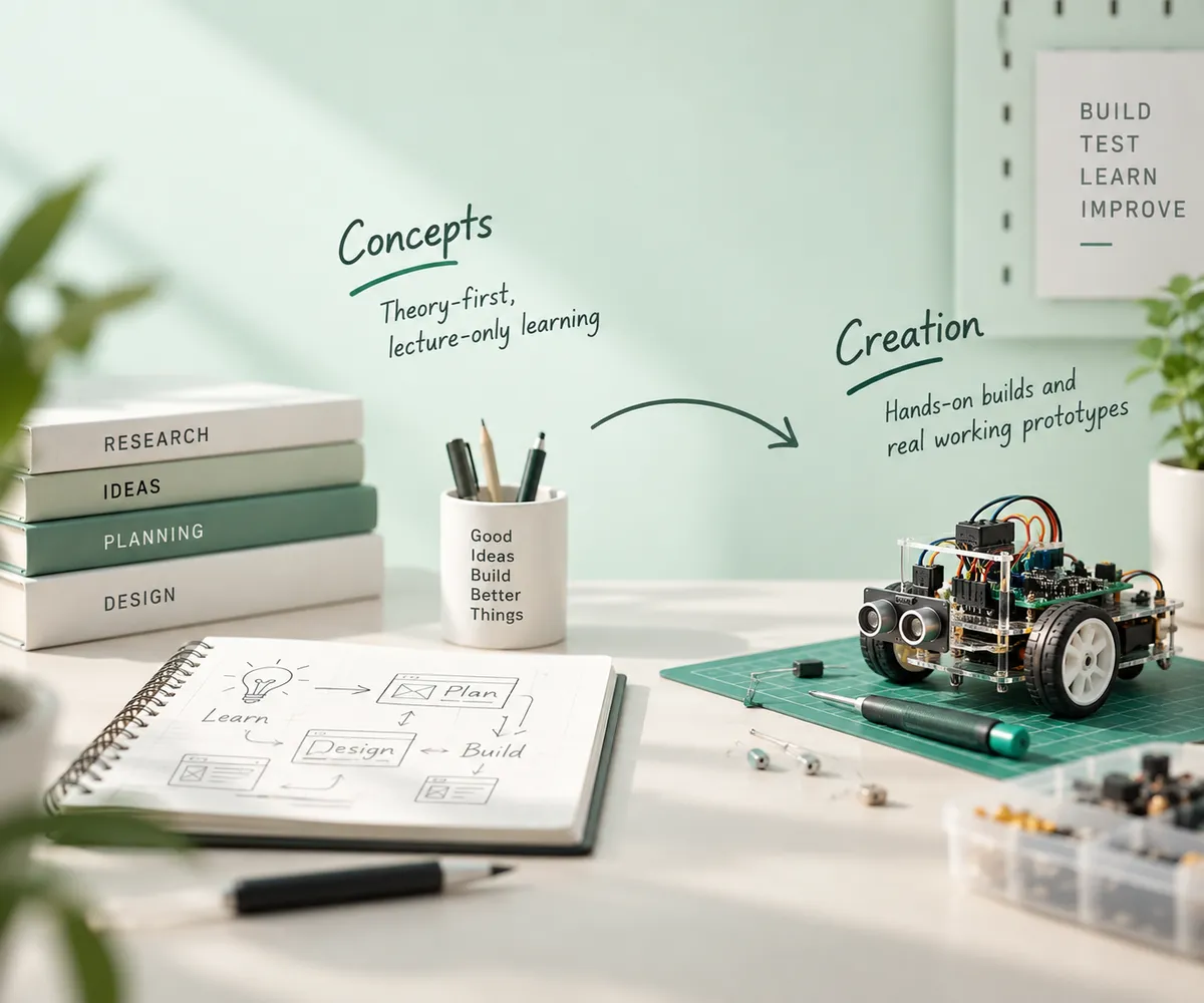 From concepts — theory-first, lecture-only learning — to creation: hands-on builds and real working prototypes.